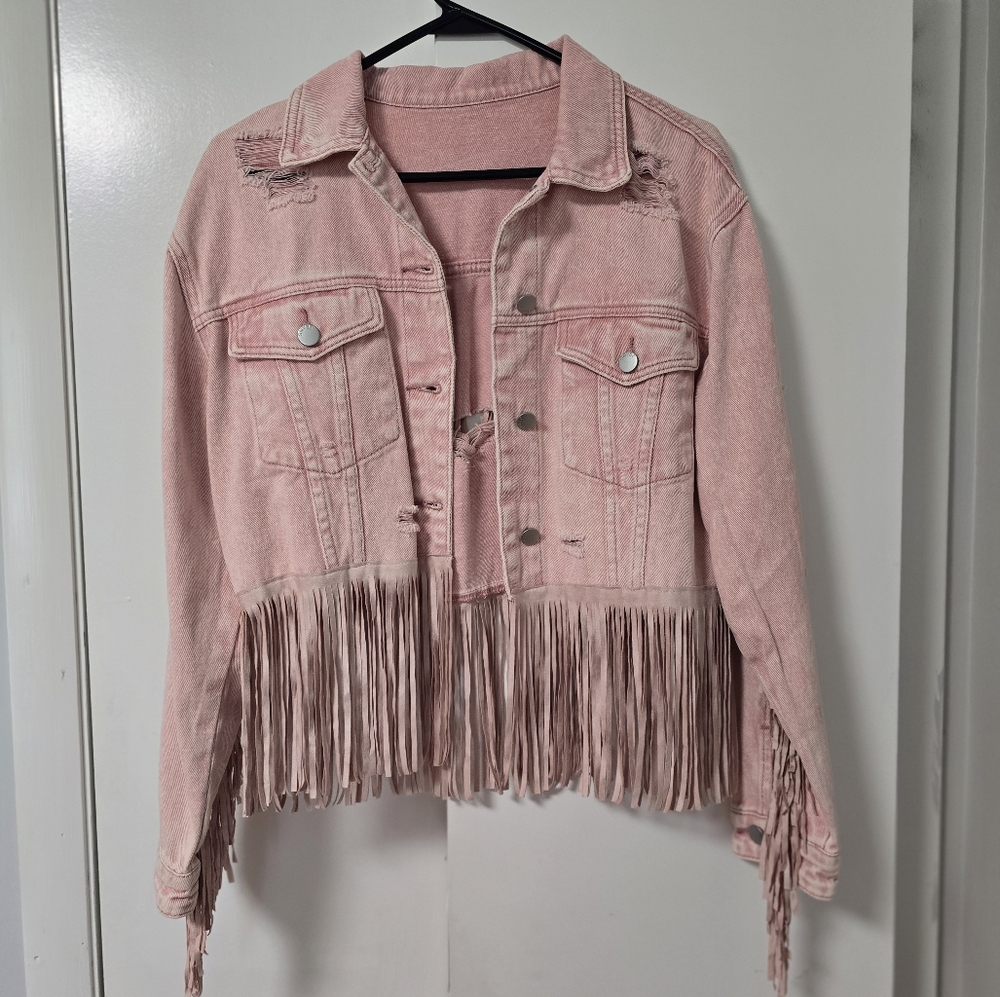 Distressed Pink Jean Jacket with Fringe